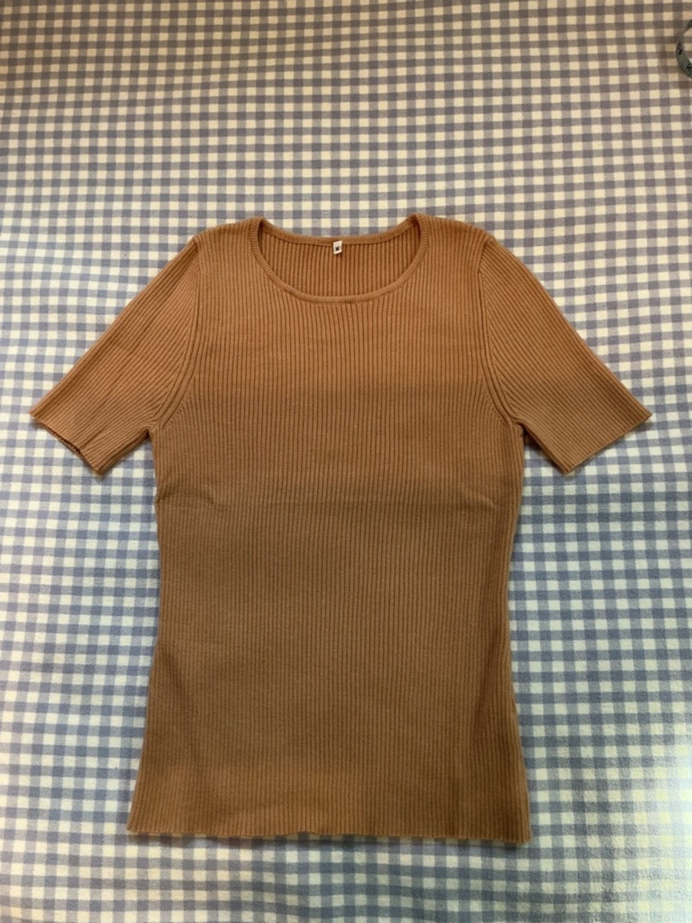 Slim Fit Ribbed Knit Poor Boy Tee Short Sleeve Crew Top - Medium/Latte Tan